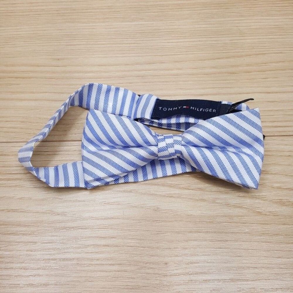 TOMMY HILFIGER Mens Bow Tie White Blue Stripe Pre-Tied Adjustable Bowtie